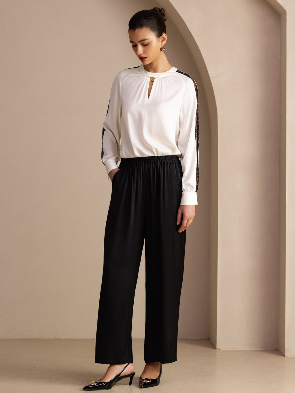 22Momme Seide Damen Hochtaillierte Weitbein Lange Hose Mit Taschen