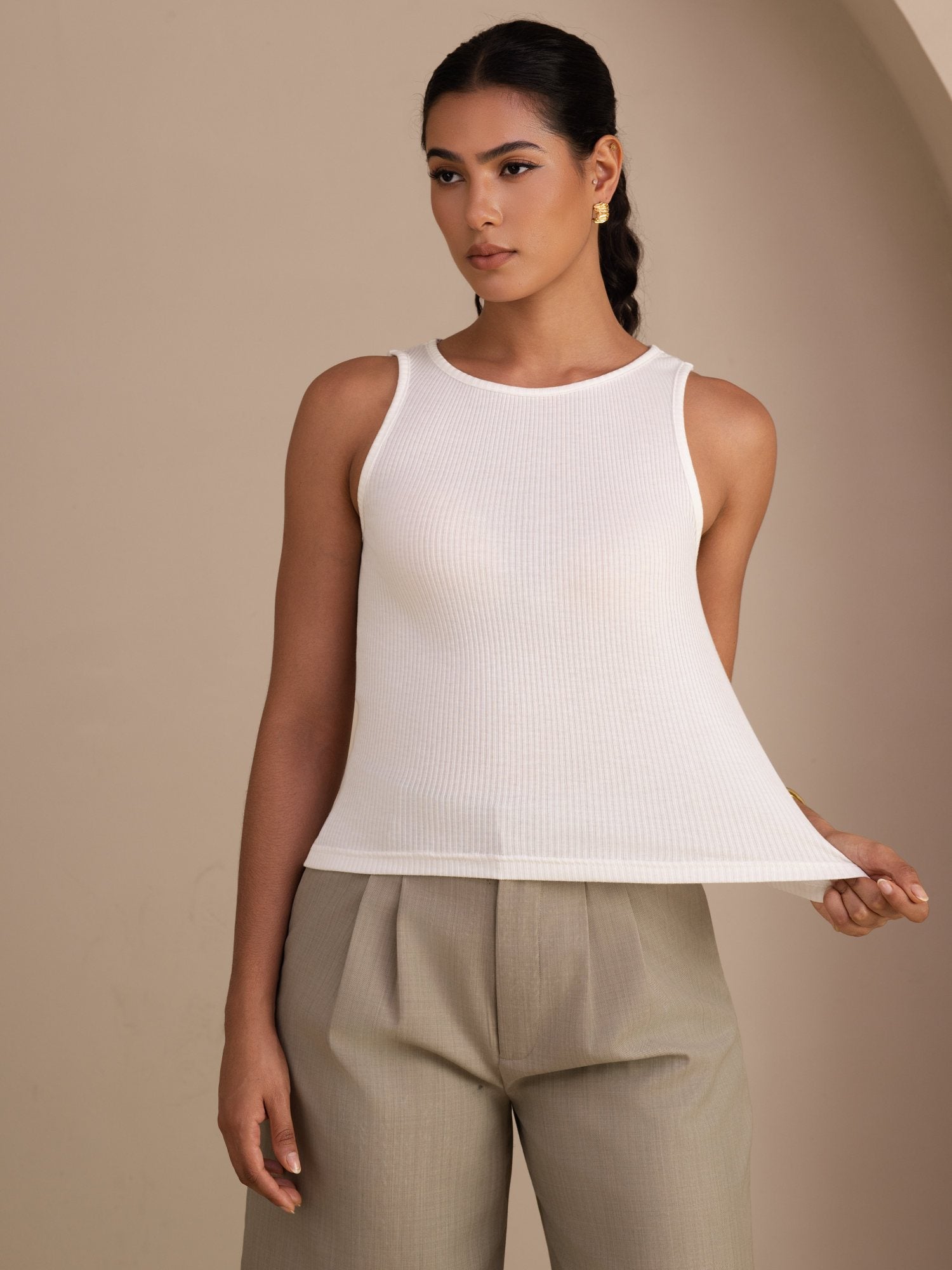 Seiden Baumwolle Damen Ärmellos Rundhals Schlanke Tanktop