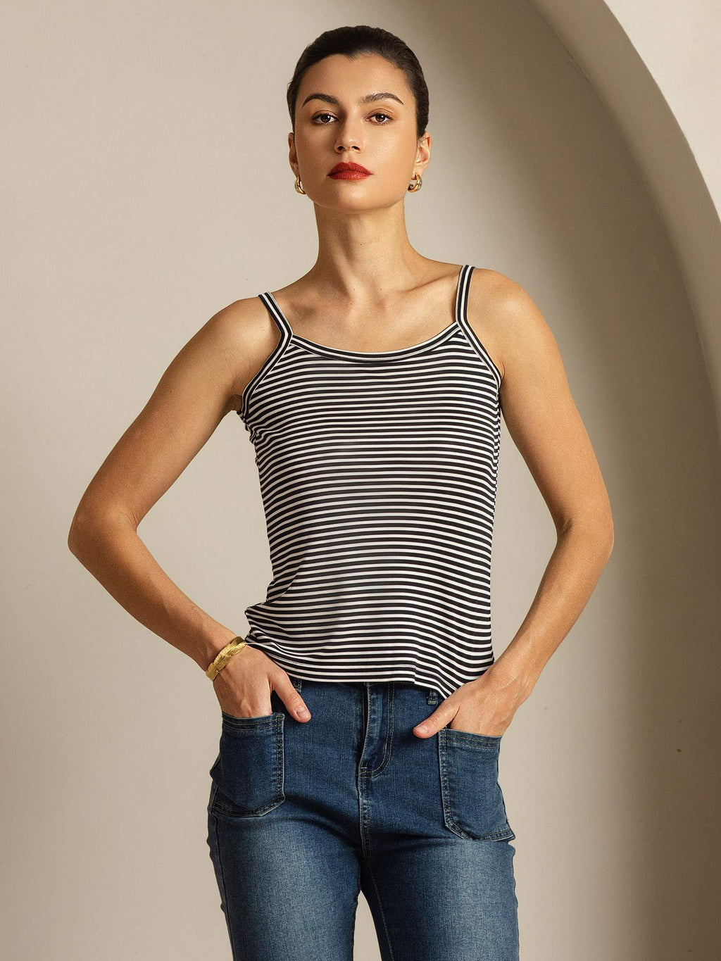Reines Seiden Spaghettiträger Quadratischer Ausschnitt Gestreiftes Camisole Top
