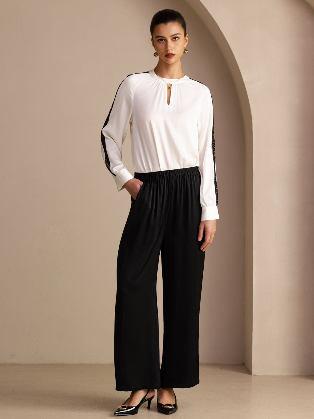 22Momme Seide Damen Hochtaillierte Weitbein Lange Hose Mit Taschen