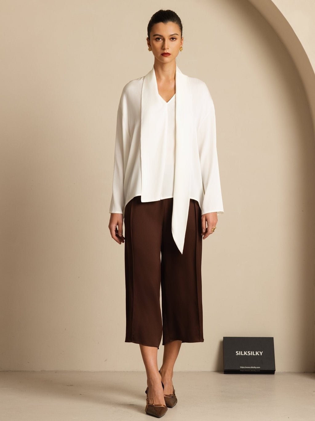 Clearance - 19Momme Seide Damen Asymmetrische Bindung V-Ausschnitt Bluse