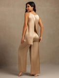 Reine Seide Ärmellos U-Ausschnitt Rückenlos High Low Tanktop Und Weite Bein Hose Set