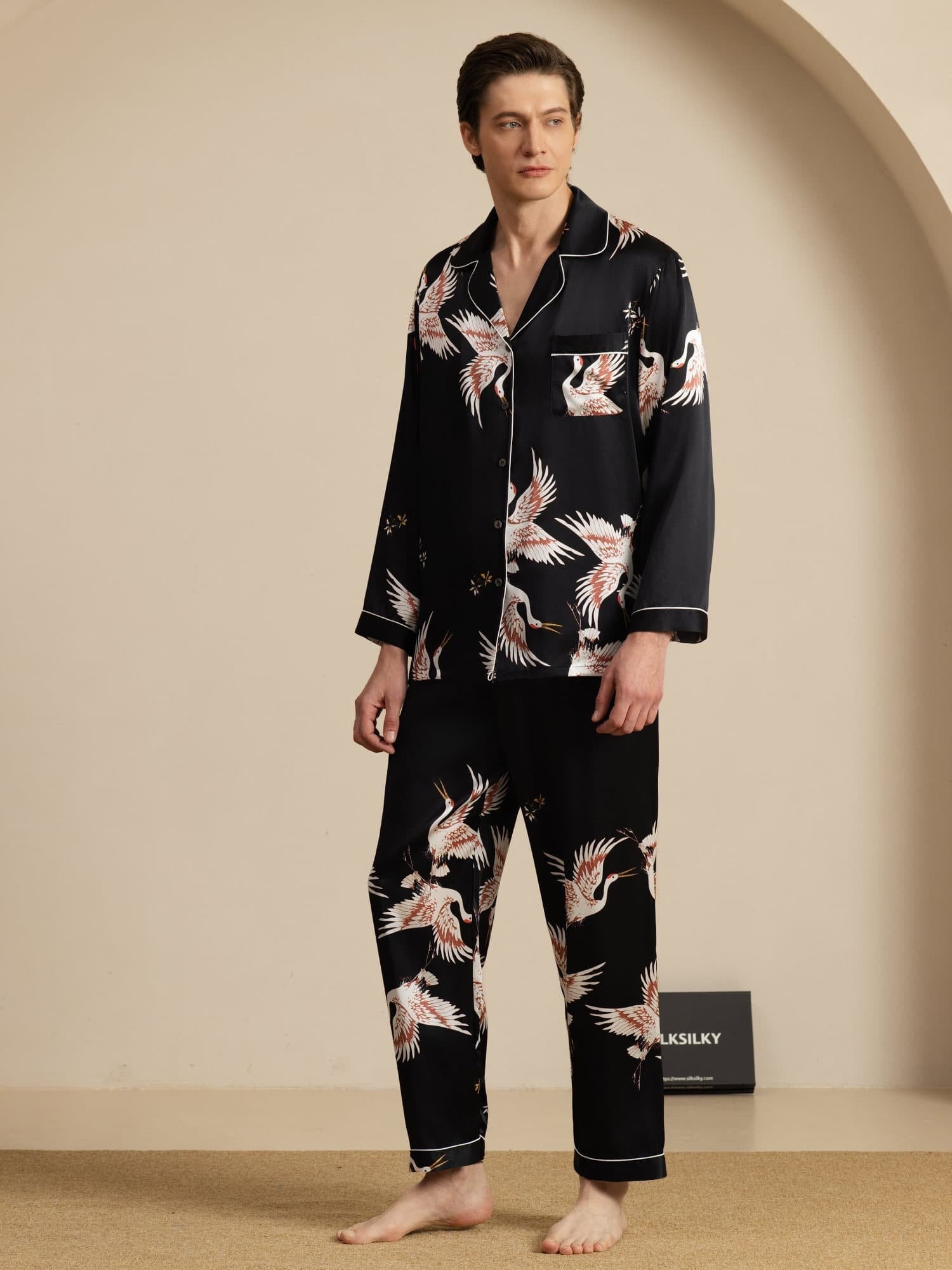 19Momme Reiner Seiden Herren Kranichdruck Langarm Notch Kragen Pyjama Set