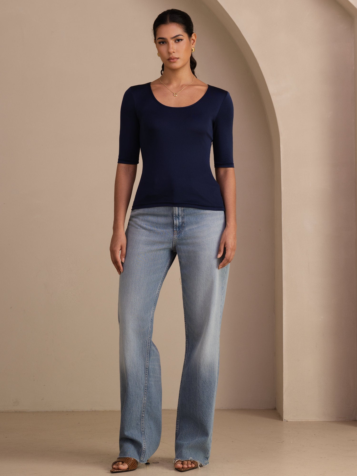Reines Seiden Damen Halbarm Rundhals Top