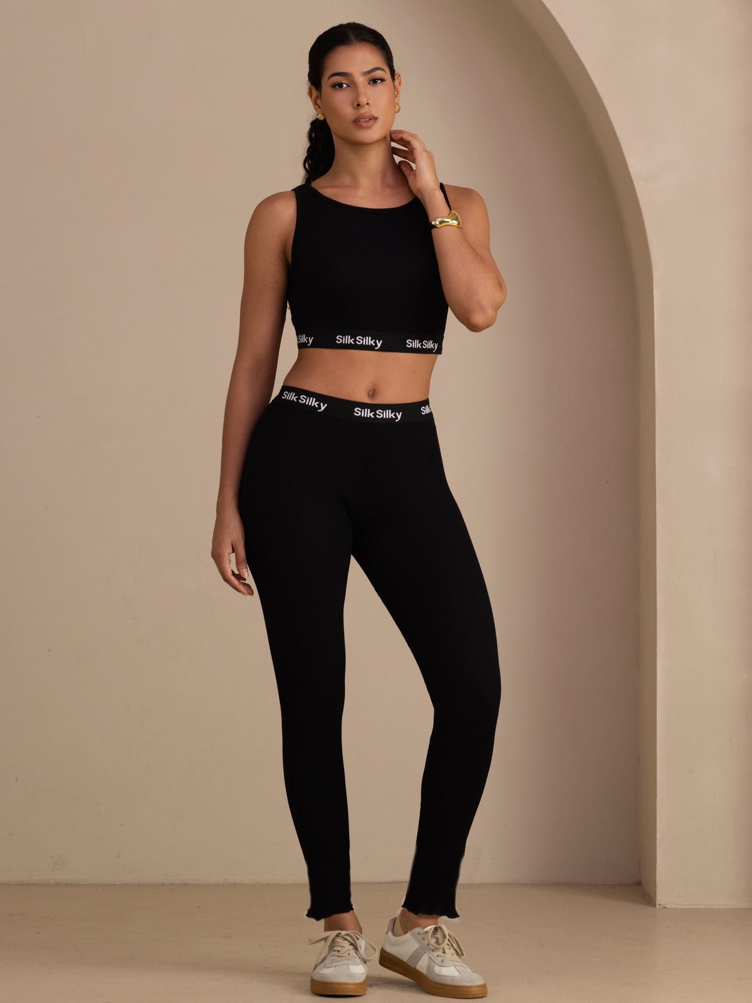 Seide Baumwolle Hochtaillierte Kordel Schlanke Jogger Hose Mit Seitentaschen