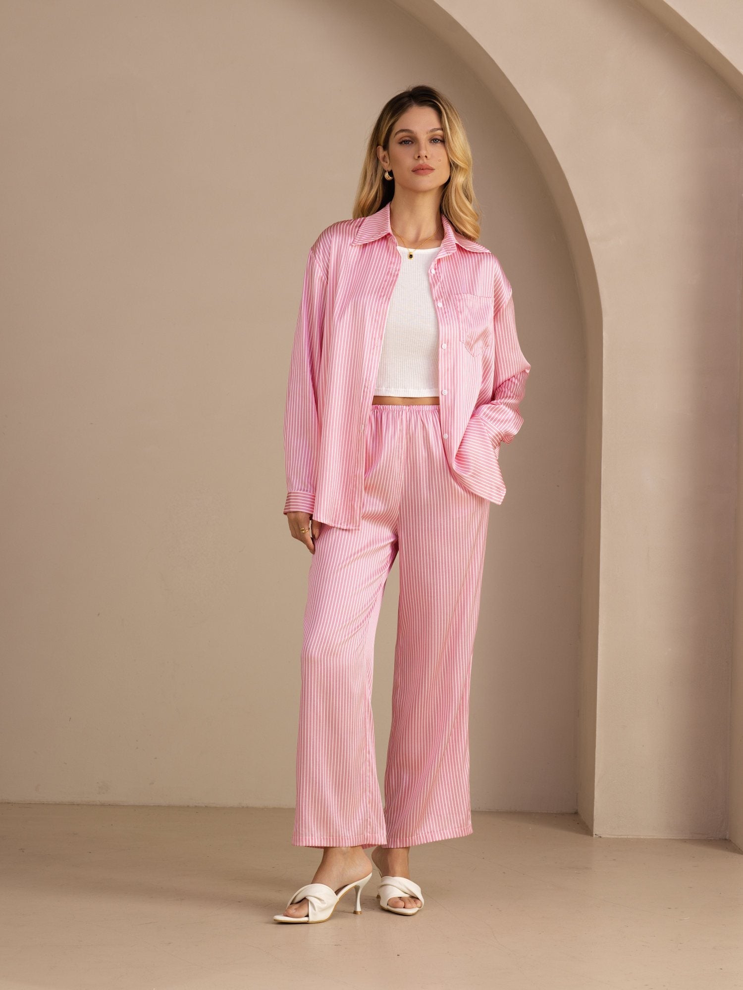 19 Momme Seide Damen Nadelstreifen Muster Langarm Hemd Und Lange Hose Set