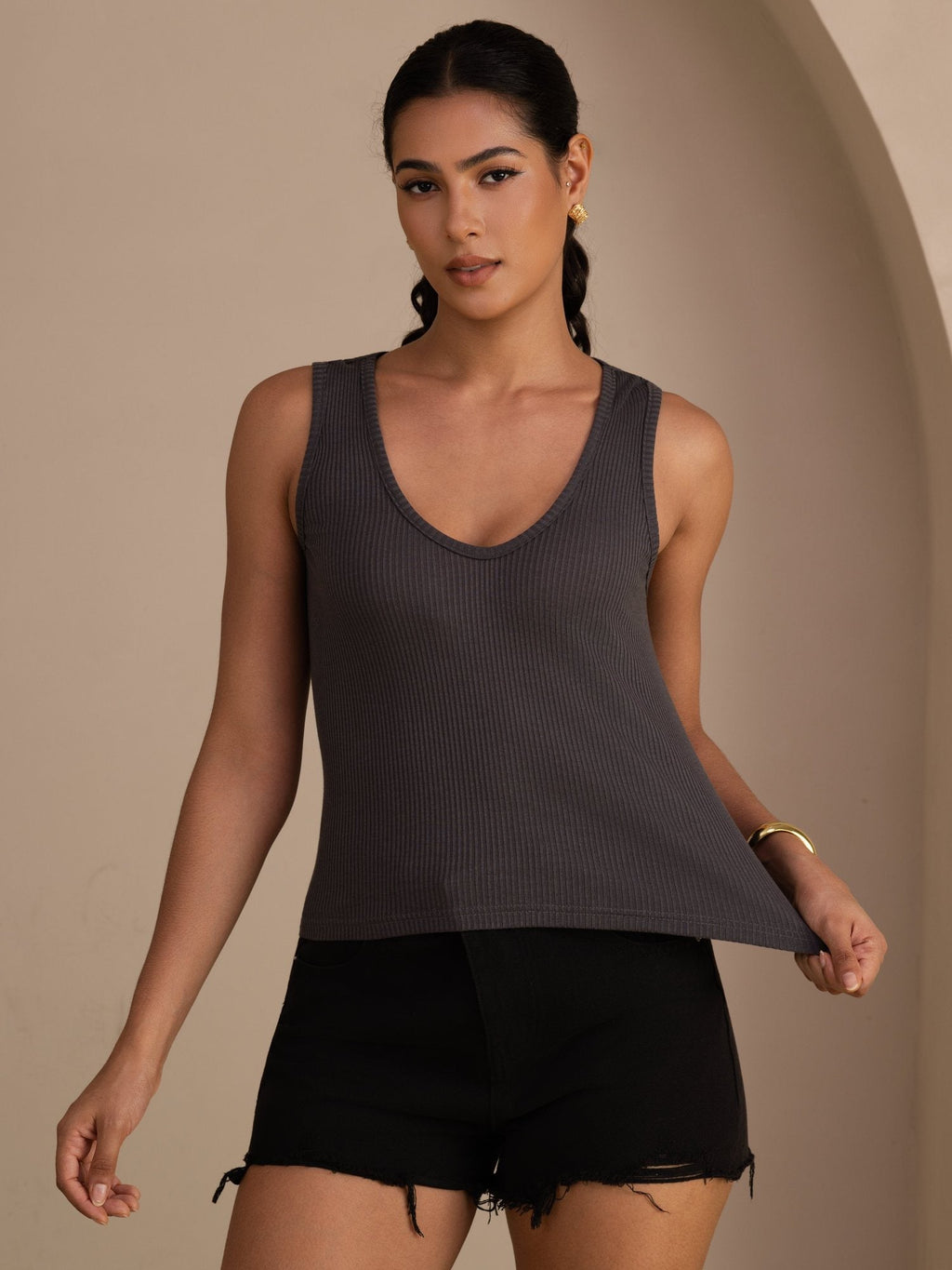 Damen Tanktop Aus Seiden Baumwollmischung Mit Tiefem V Ausschnitt Und Ärmellosem Design