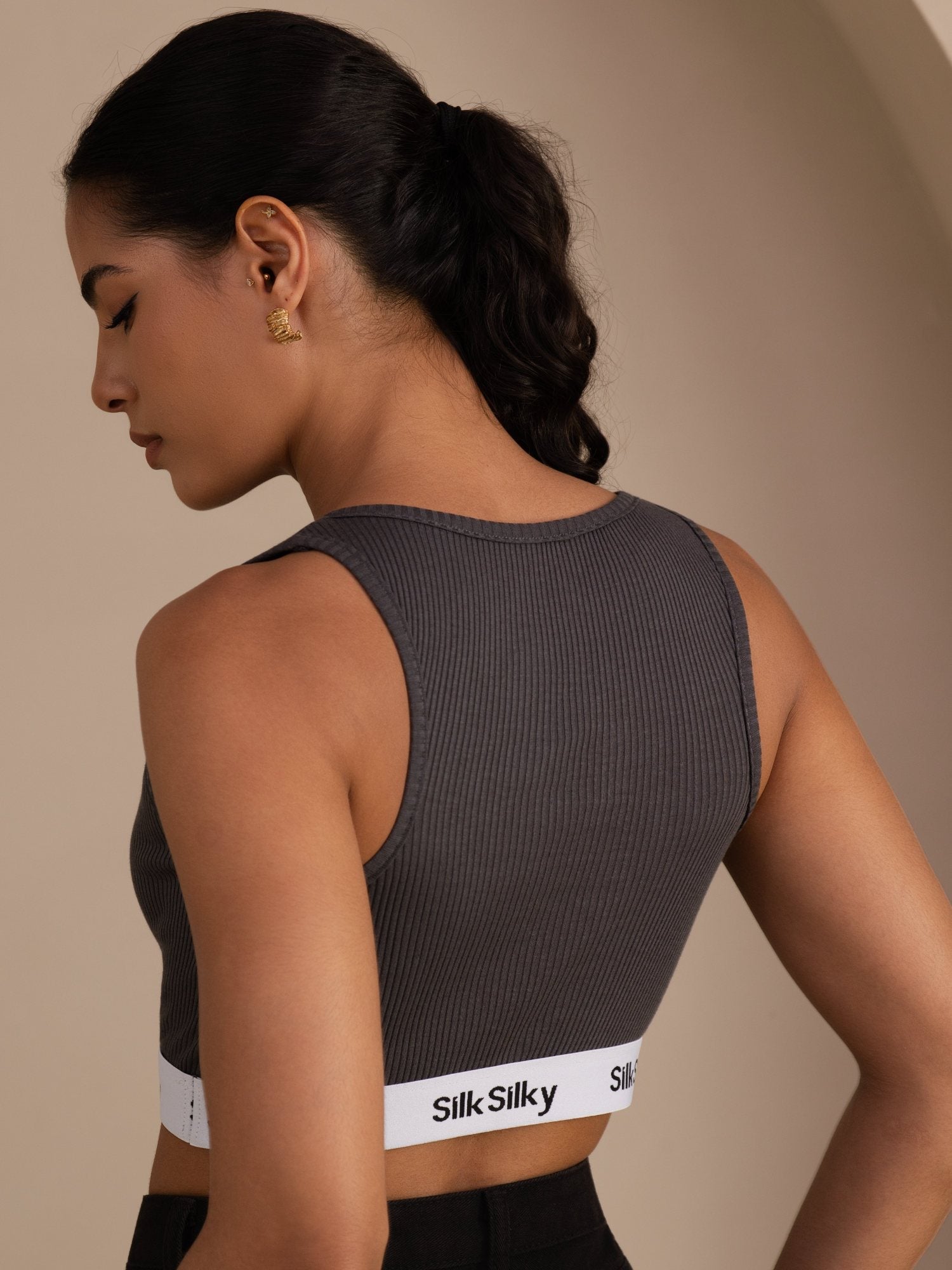 Seiden Baumwoll Sportliches Crop Tanktop Mit Elastischem Logoband