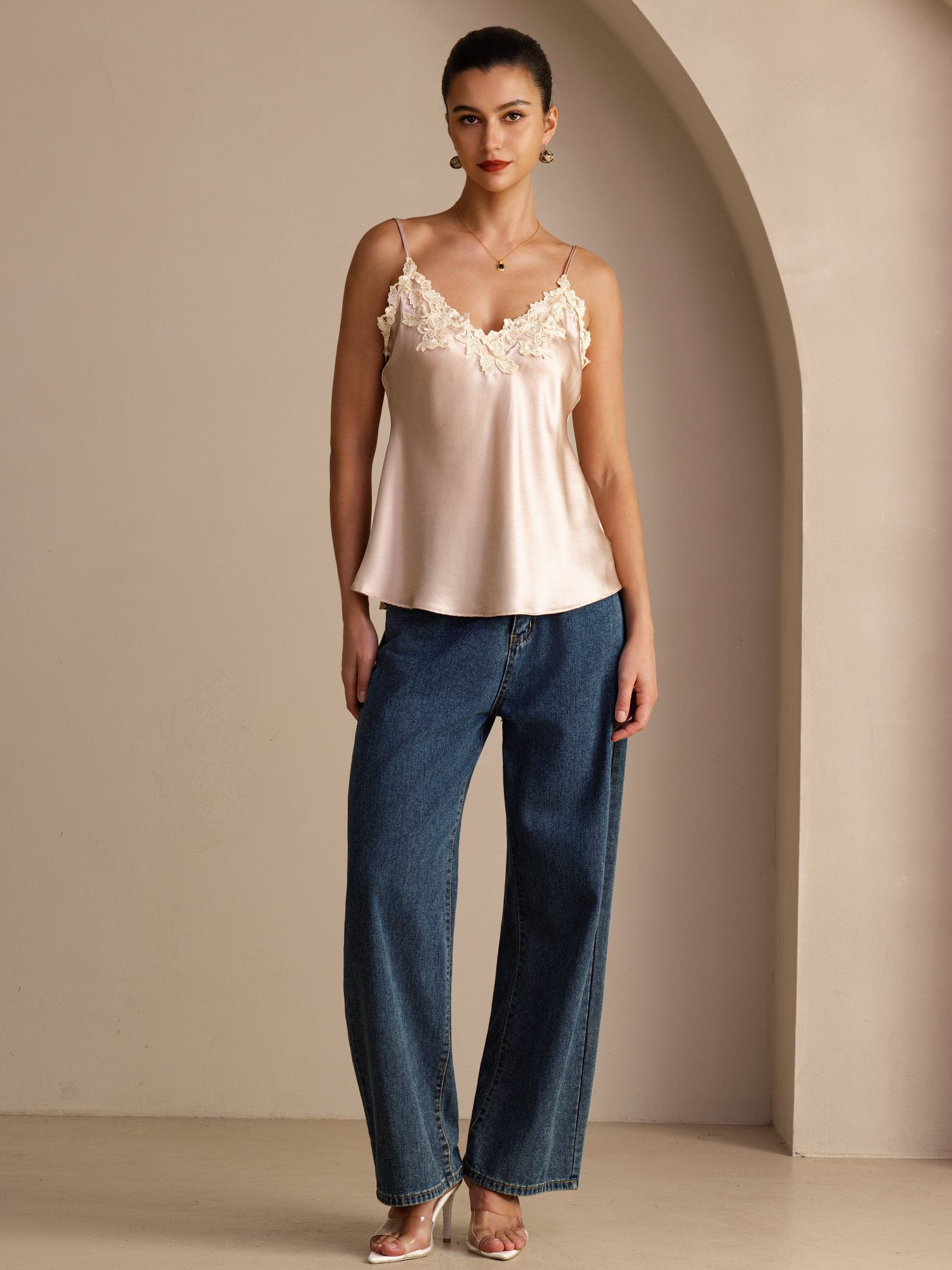 100 Prozent Maulbeerseide Spaghettiträger V Ausschnitt Spitzen Camisole Top
