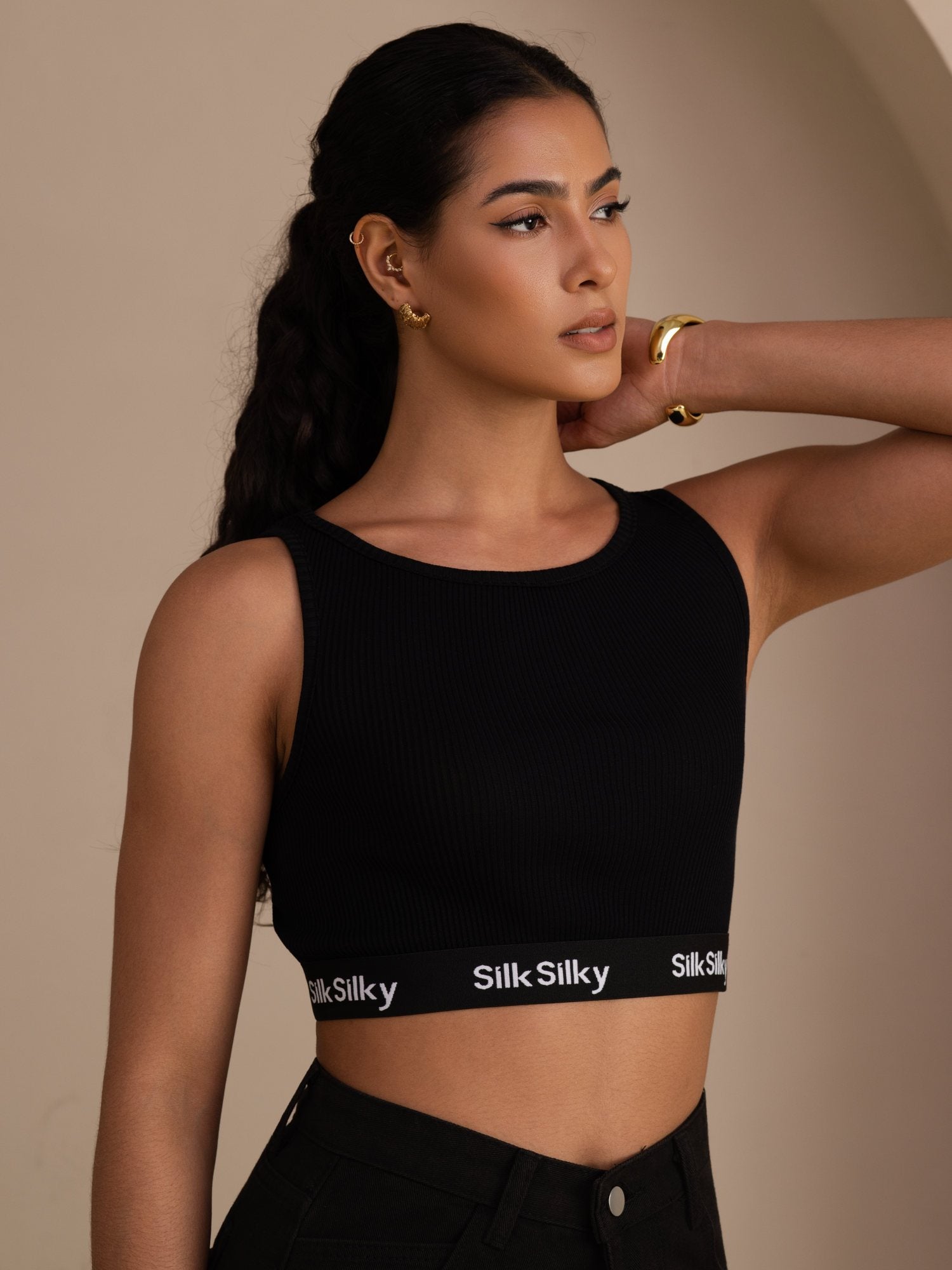 Seiden Baumwoll Sportliches Crop Tanktop Mit Elastischem Logoband