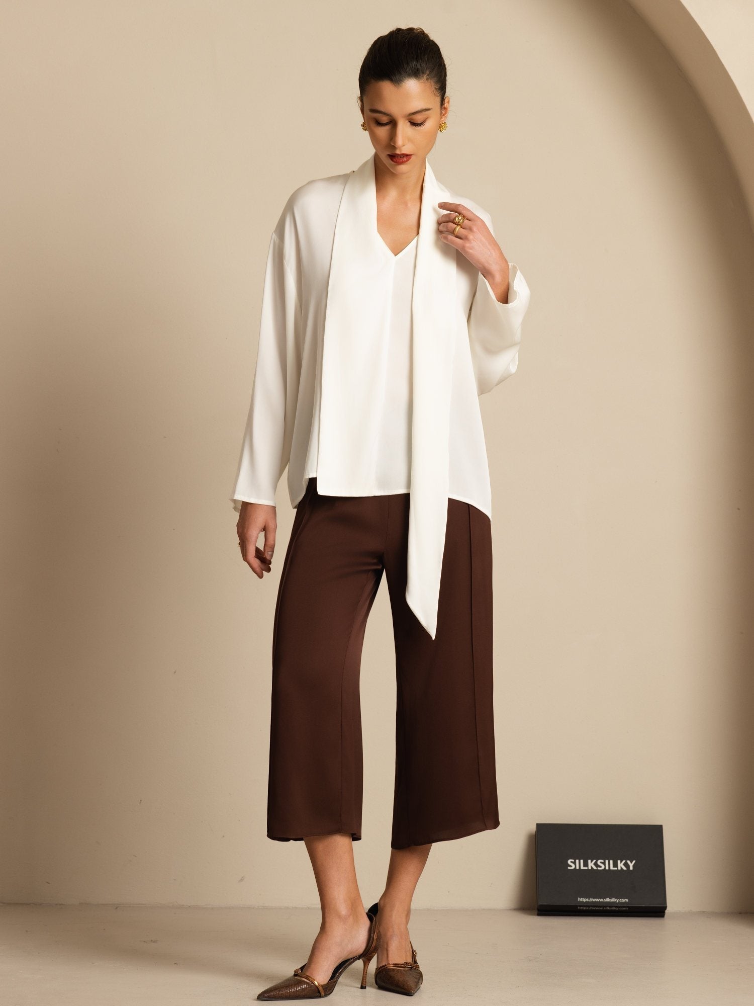 Clearance - 19Momme Seide Damen Asymmetrische Bindung V-Ausschnitt Bluse