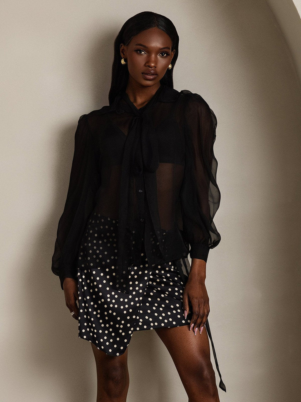 Clearance - Damen Schluppenbluse aus Reinem Seidenchiffon mit Laternenärmeln