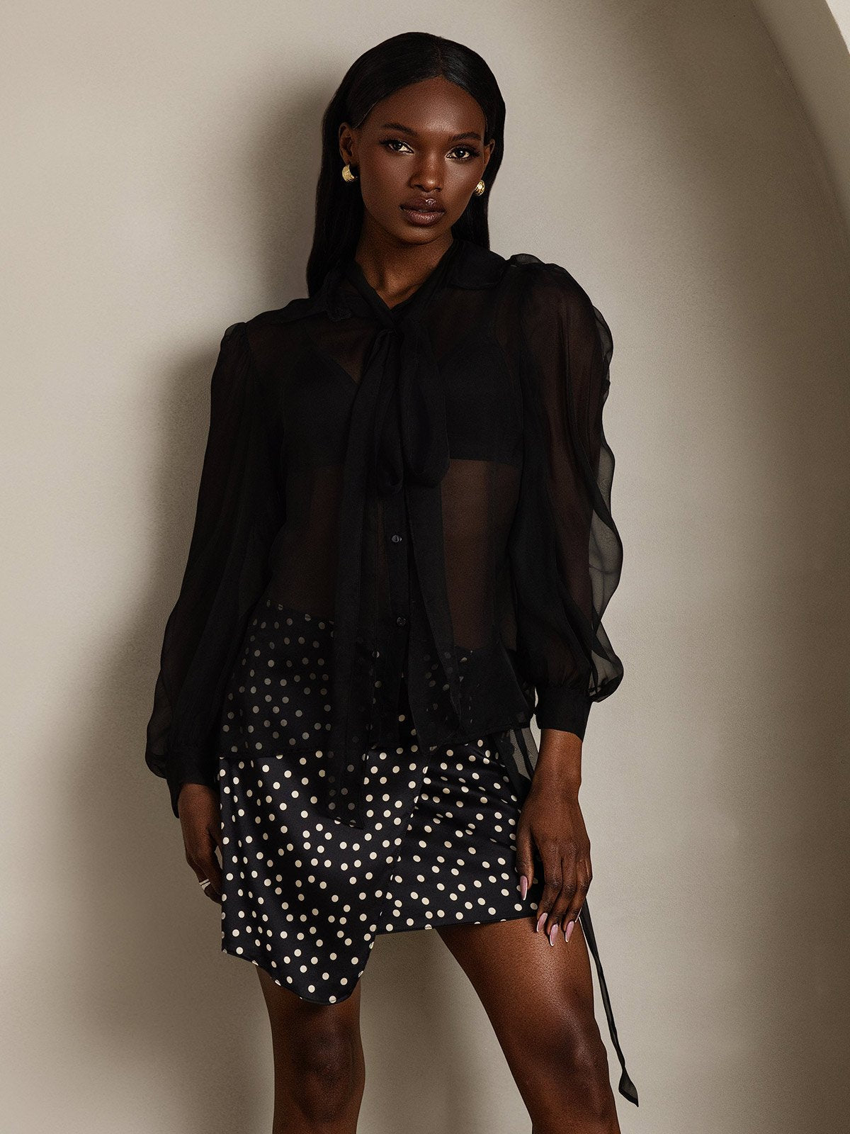 Clearance - Damen Schluppenbluse aus Reinem Seidenchiffon mit Laternenärmeln