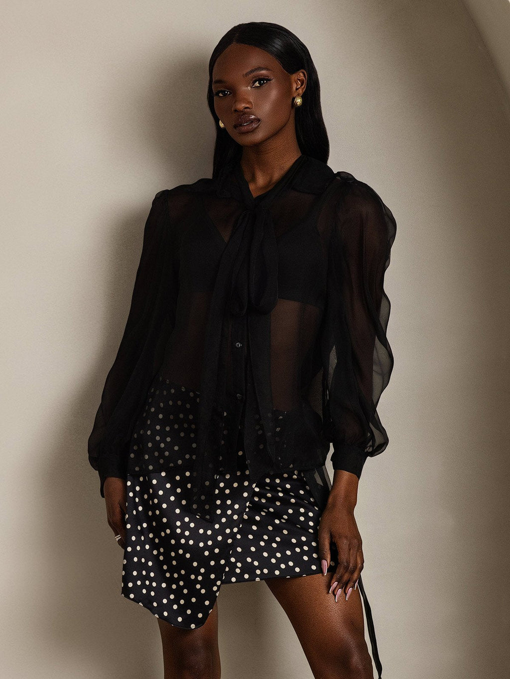 Clearance - Damen Schluppenbluse aus Reinem Seidenchiffon mit Laternenärmeln