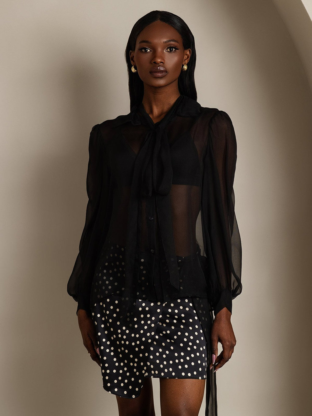 Clearance - Damen Schluppenbluse aus Reinem Seidenchiffon mit Laternenärmeln