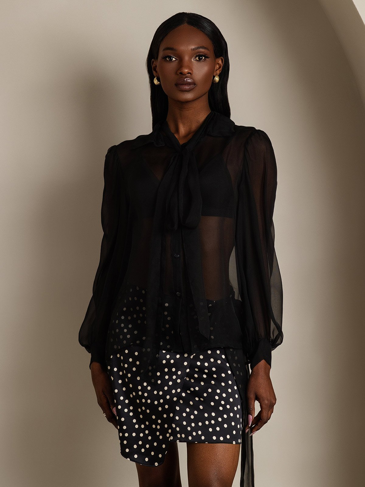 Clearance - Damen Schluppenbluse aus Reinem Seidenchiffon mit Laternenärmeln