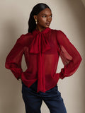 Clearance - Damen Schluppenbluse aus Reinem Seidenchiffon mit Laternenärmeln