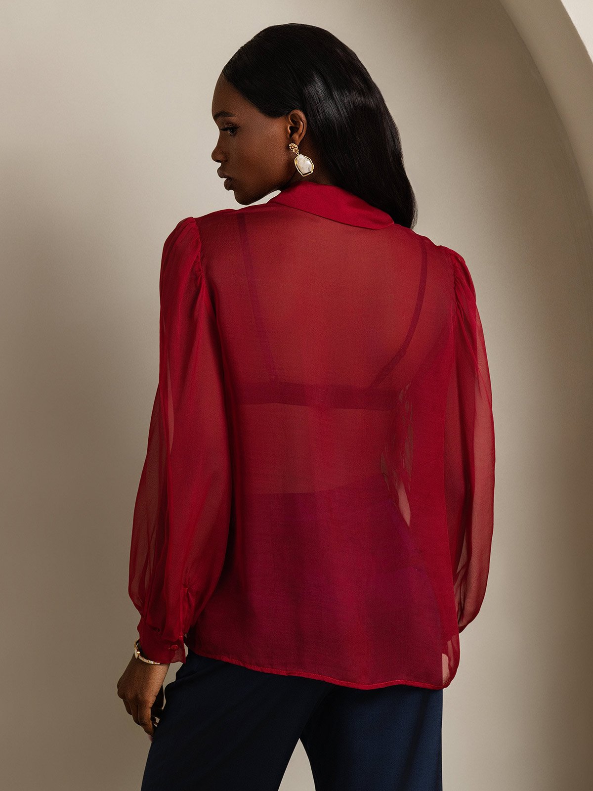 Clearance - Damen Schluppenbluse aus Reinem Seidenchiffon mit Laternenärmeln