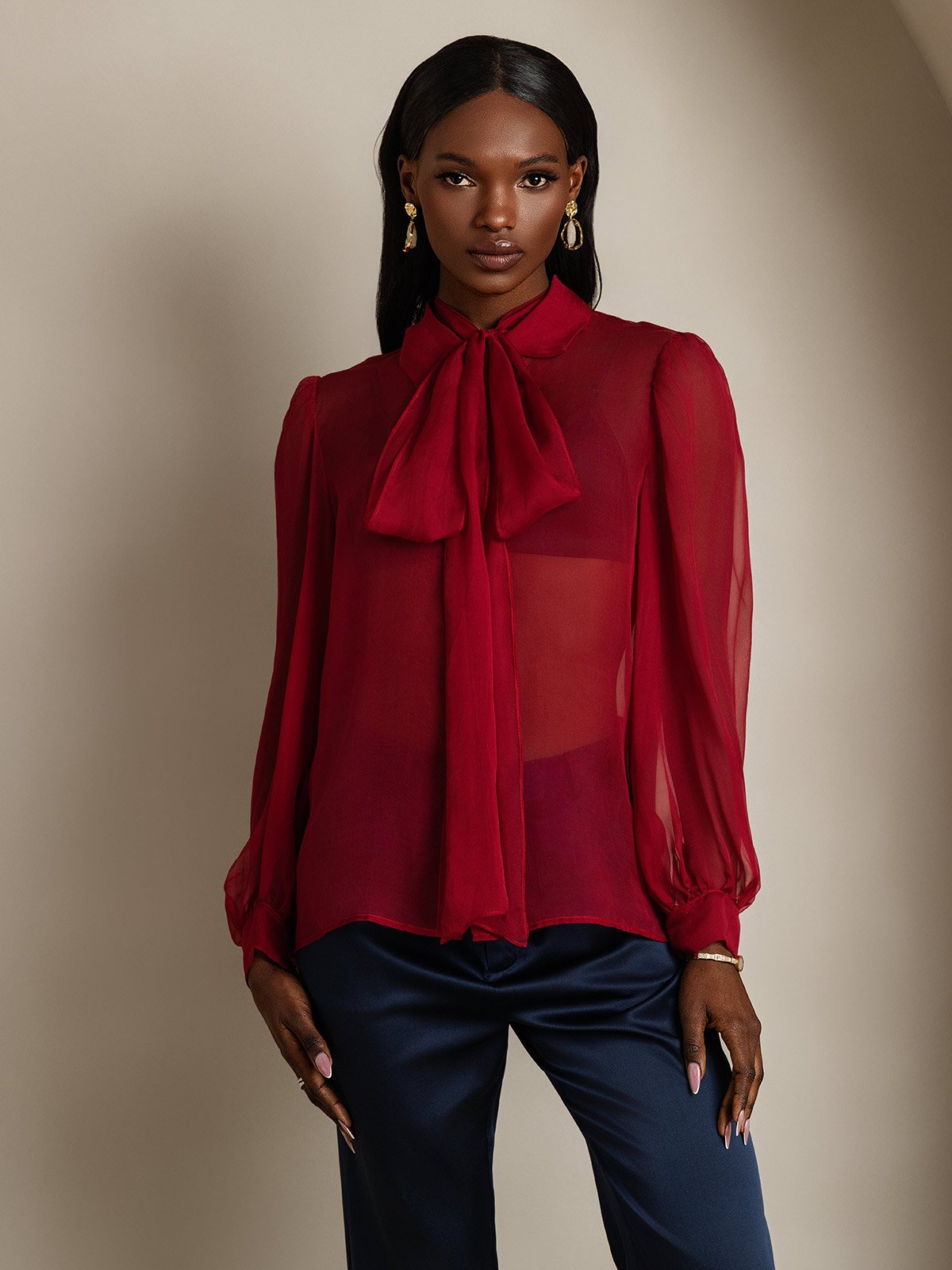 Clearance - Damen Schluppenbluse aus Reinem Seidenchiffon mit Laternenärmeln