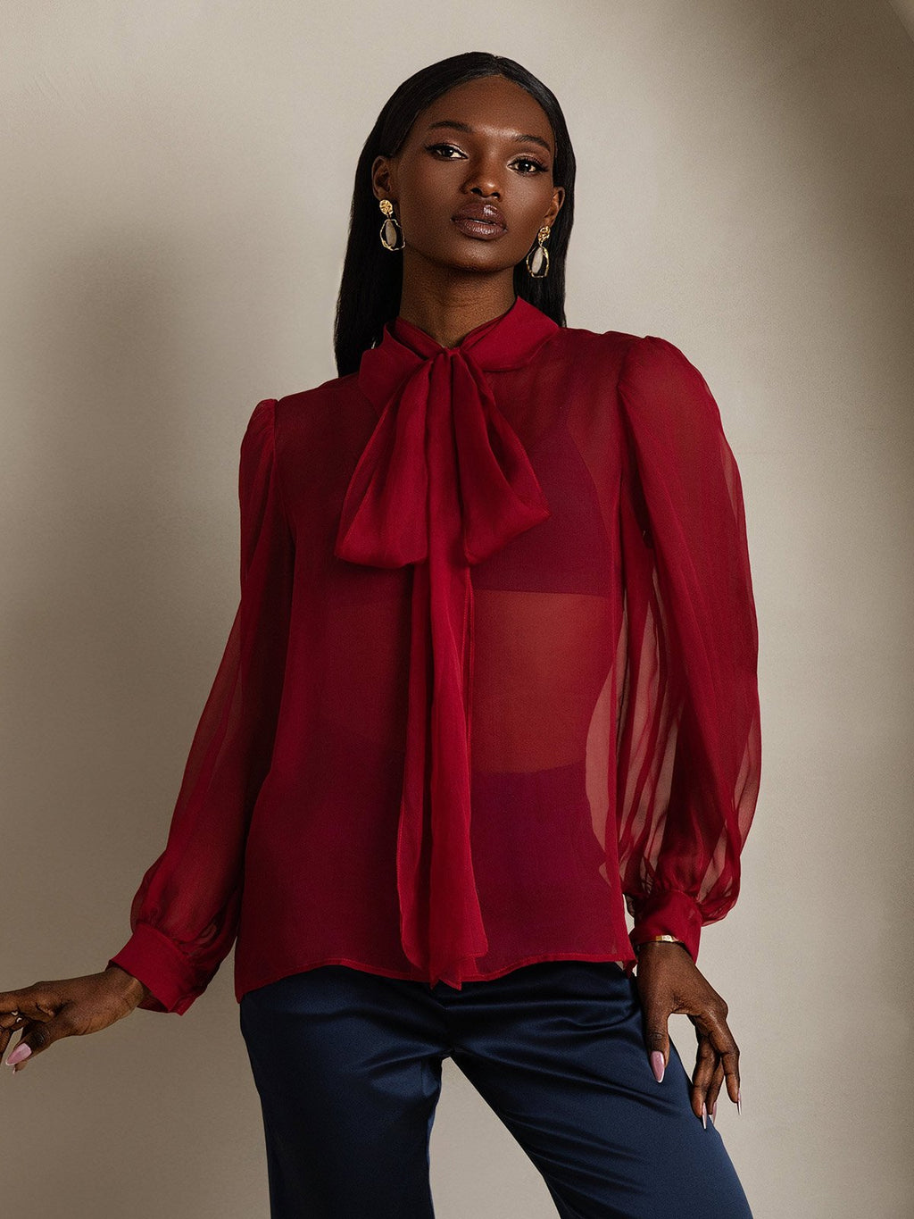 Clearance - Damen Schluppenbluse aus Reinem Seidenchiffon mit Laternenärmeln