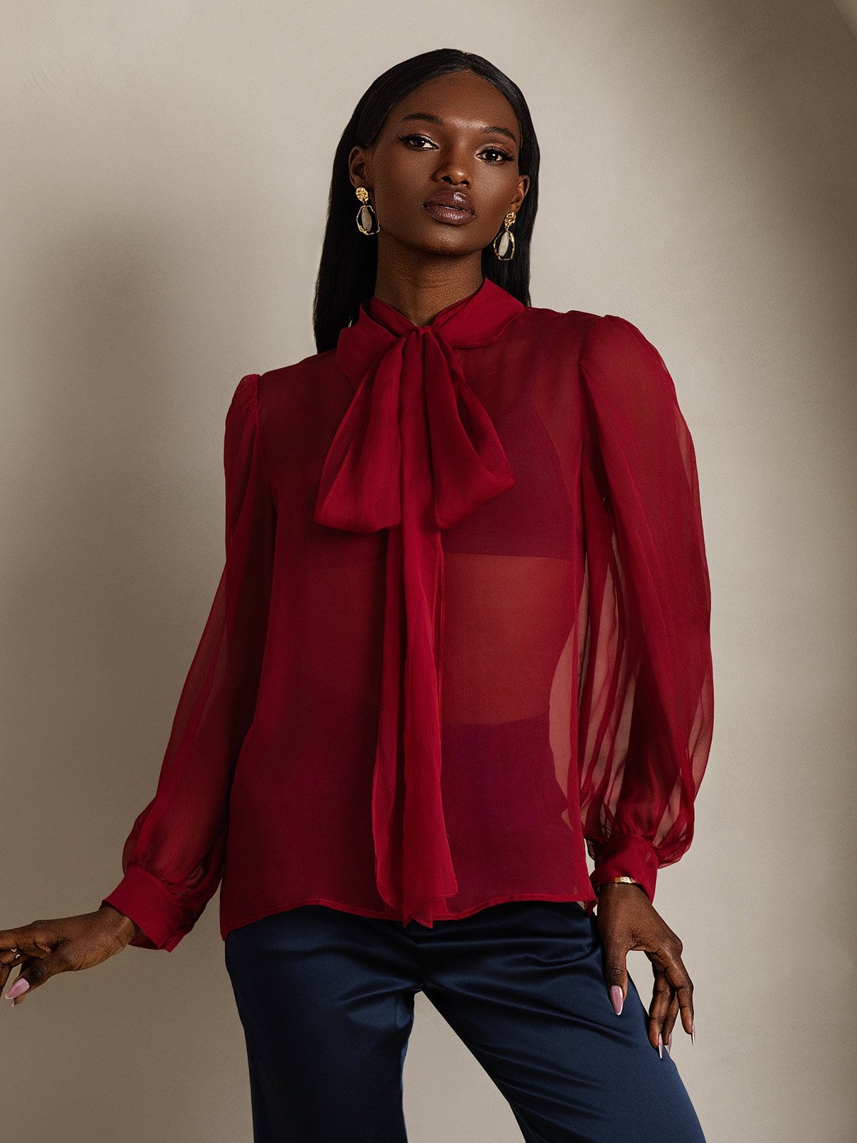 Clearance - Damen Schluppenbluse aus Reinem Seidenchiffon mit Laternenärmeln