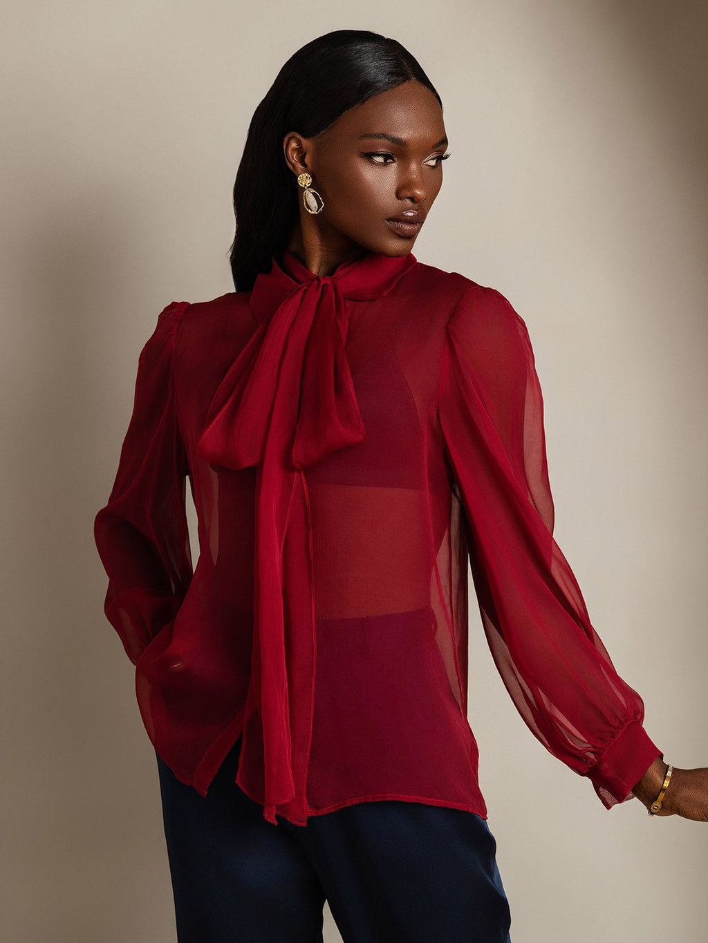 Clearance - Damen Schluppenbluse aus Reinem Seidenchiffon mit Laternenärmeln