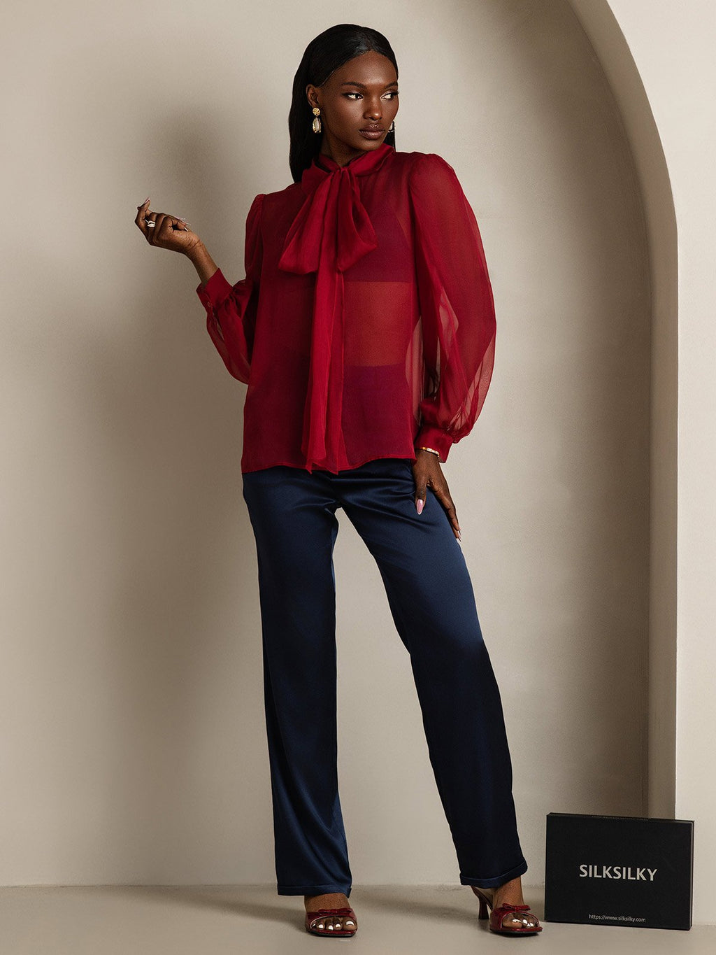 Clearance - Damen Schluppenbluse aus Reinem Seidenchiffon mit Laternenärmeln