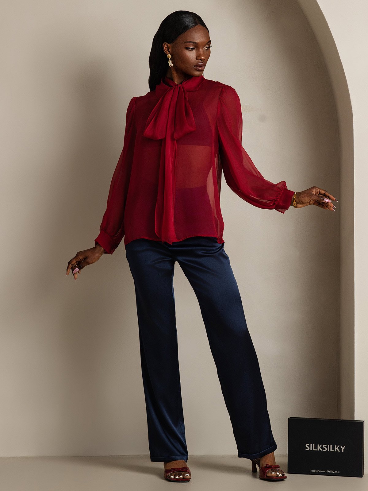 Clearance - Damen Schluppenbluse aus Reinem Seidenchiffon mit Laternenärmeln