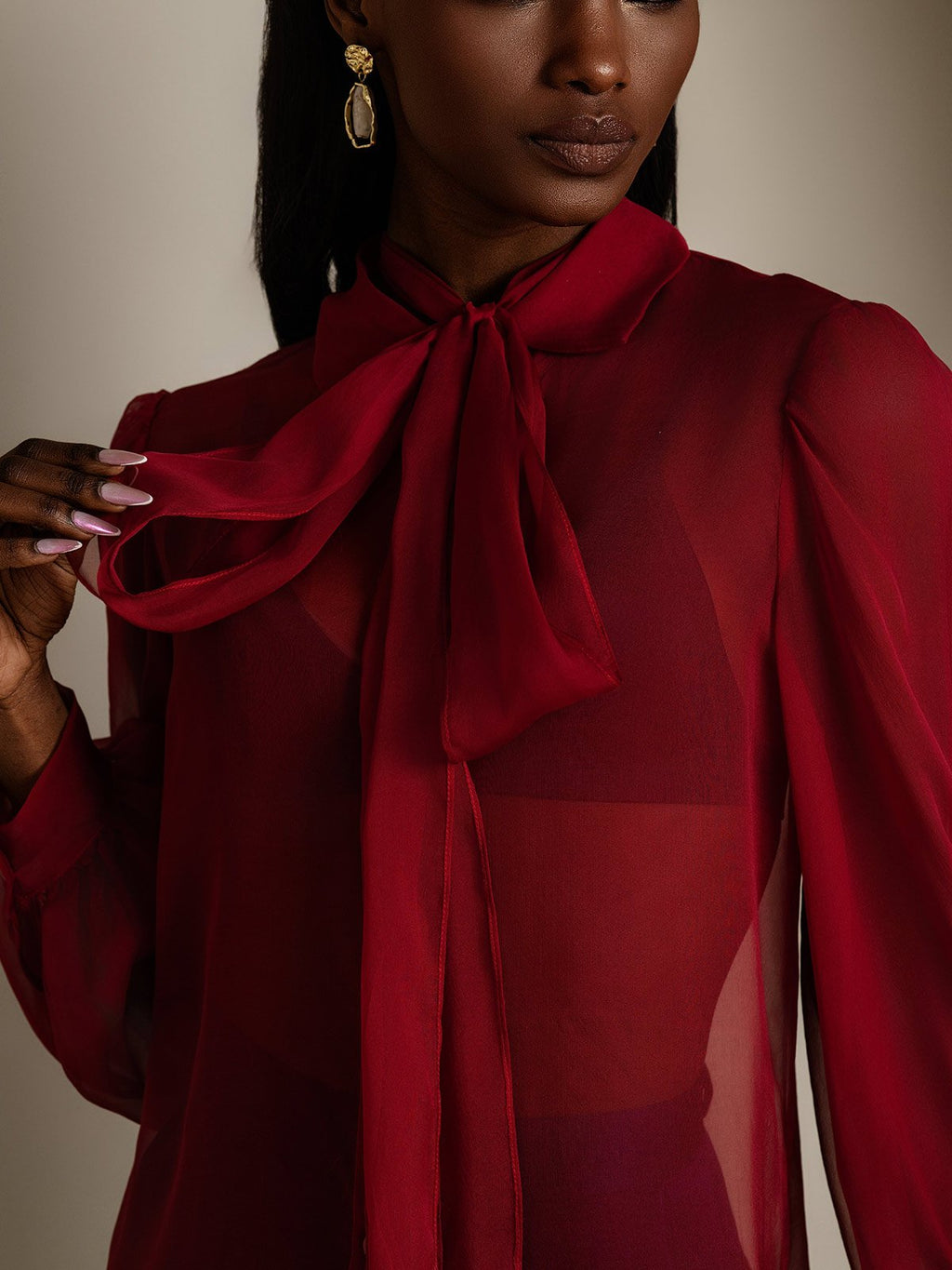 Clearance - Damen Schluppenbluse aus Reinem Seidenchiffon mit Laternenärmeln