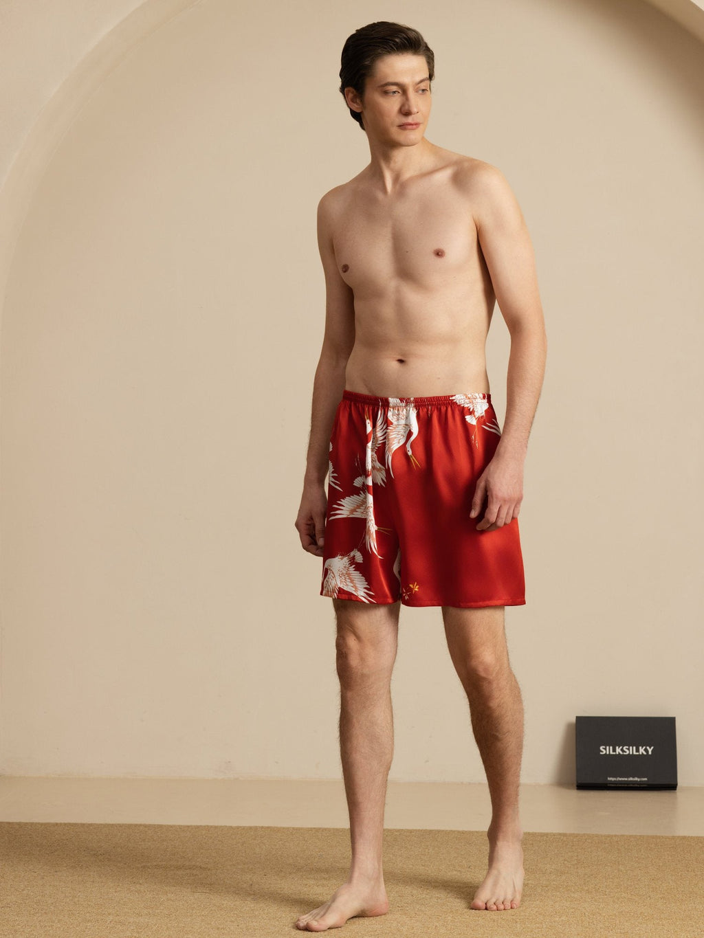 19Momme Reine Seide Herren Kranich Druck Elastischer Taillen Schlaf Shorts