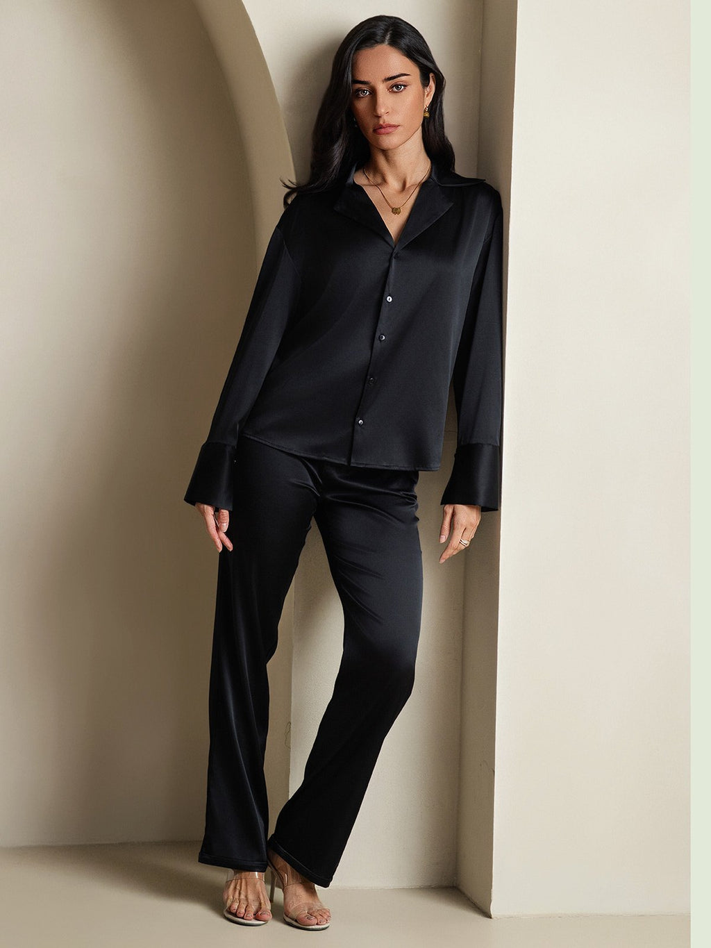 Clearance - 19Momme Seide Basic Revers Langarm Hemd