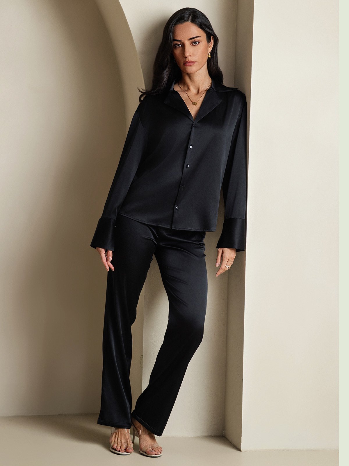 Clearance - 19Momme Seide Basic Revers Langarm Hemd