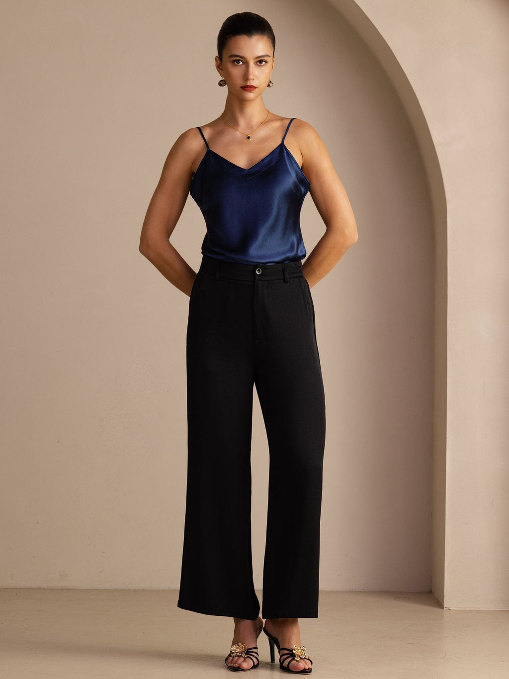 22 Momme Seide Damen Hochtaillierte Weit Bein Freizeit Hose Mit Taschen