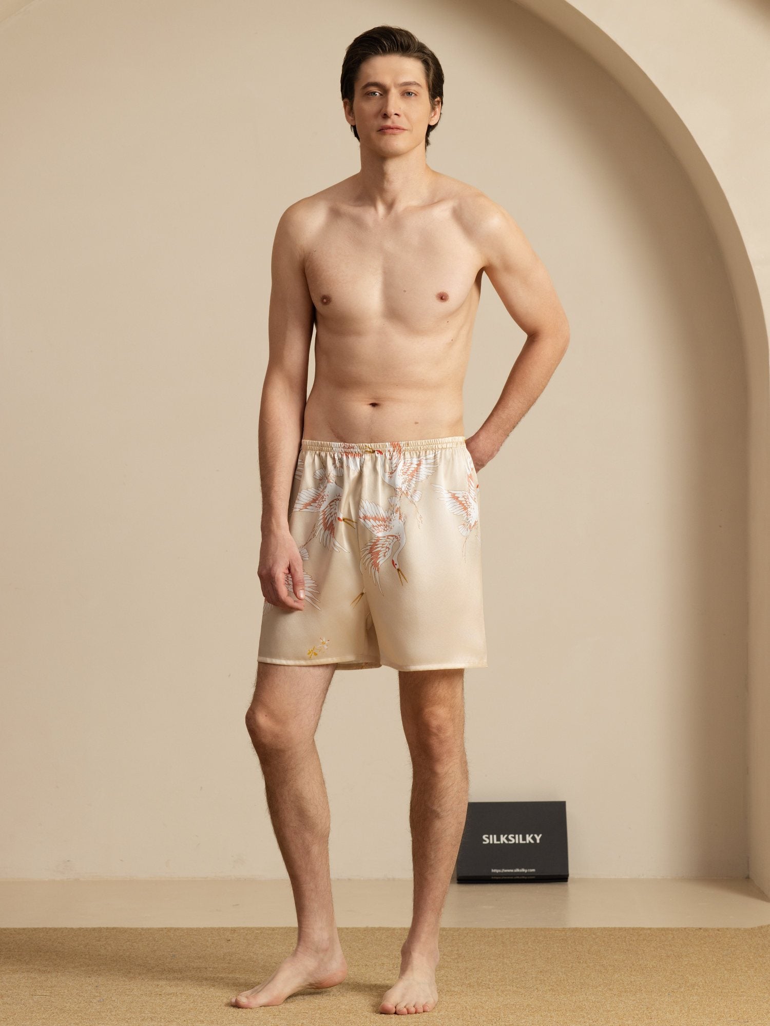 19Momme Reine Seide Herren Kranich Druck Elastischer Taillen Schlaf Shorts