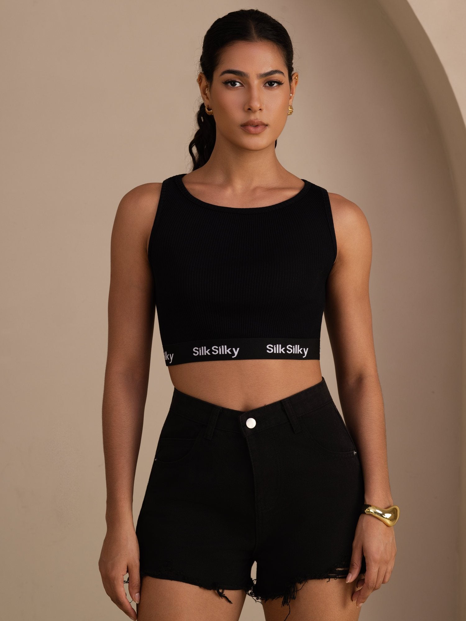Seiden Baumwoll Sportliches Crop Tanktop Mit Elastischem Logoband