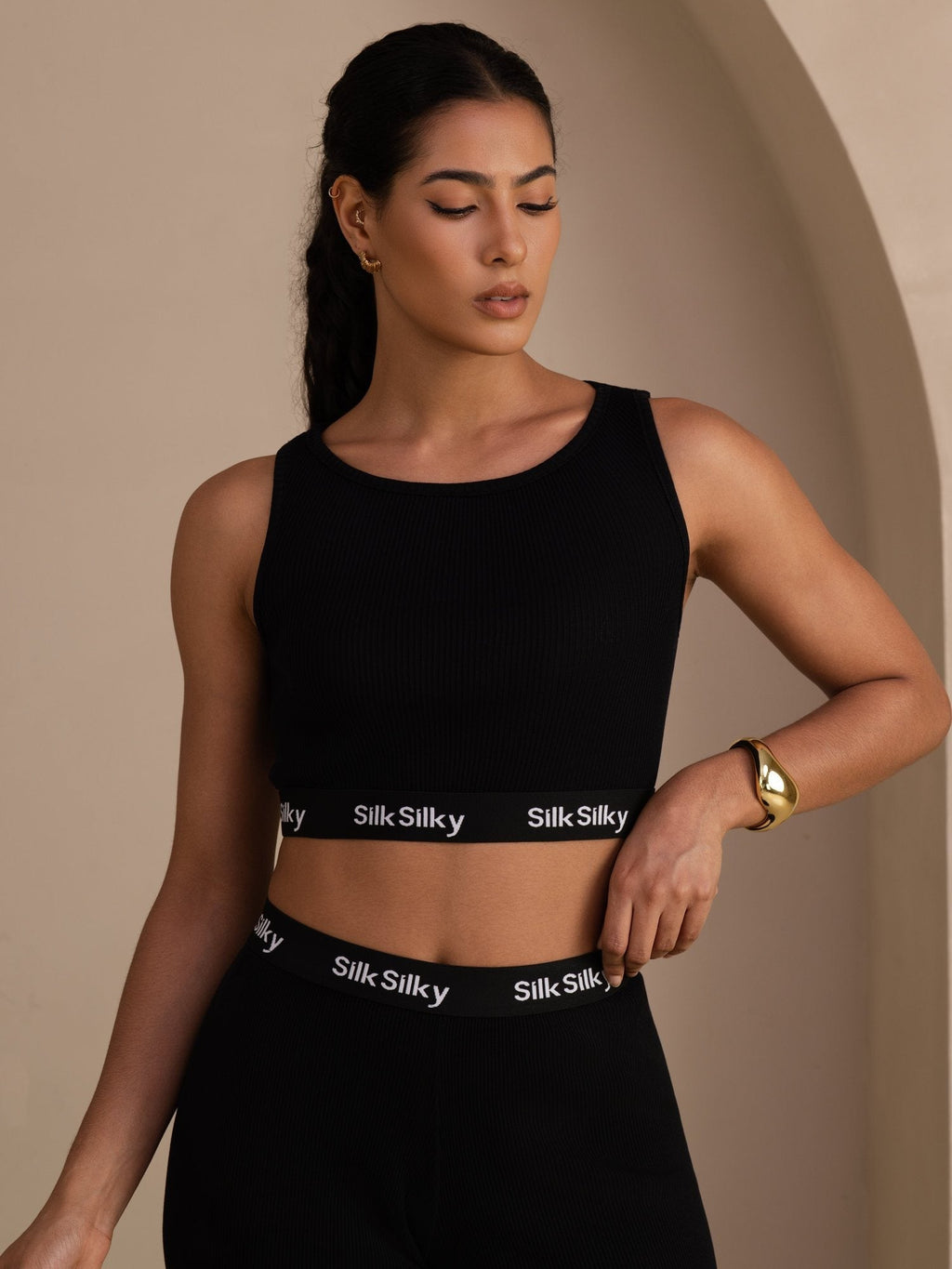 Seiden Baumwoll Sportliches Crop Tanktop Und Gerade Bein Lange Hose Set