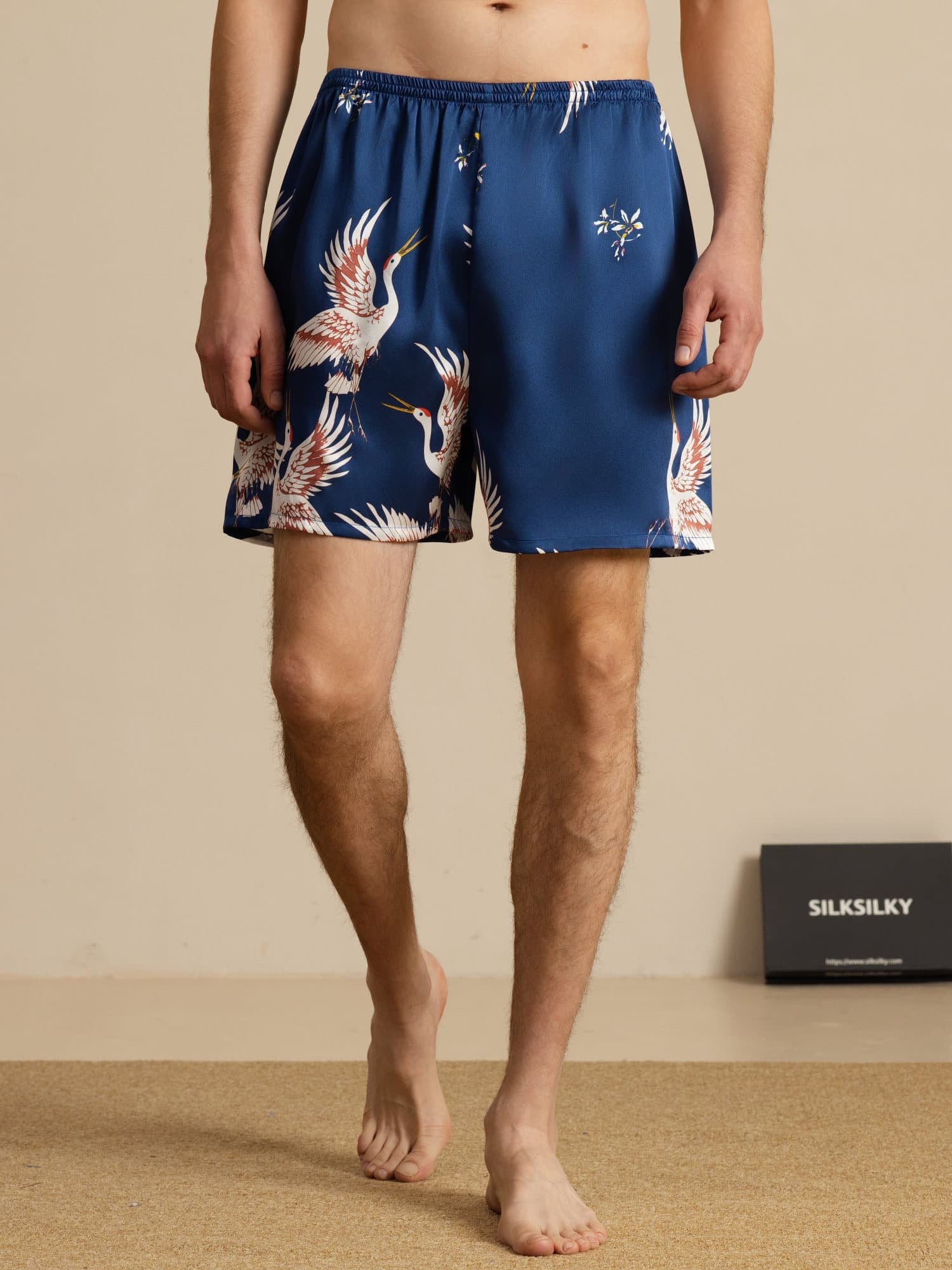19Momme Reine Seide Herren Kranich Druck Elastischer Taillen Schlaf Shorts
