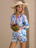 19Momme Reine Seide Damen Pyjama Set Mit Blätterdruck Kurzarm Und Knopfleiste
