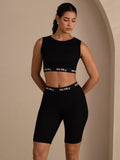 Silk Cotton Sporty Wide Strap Crop Tank Top Und High Waist Bike Shorts 2Pcs Set