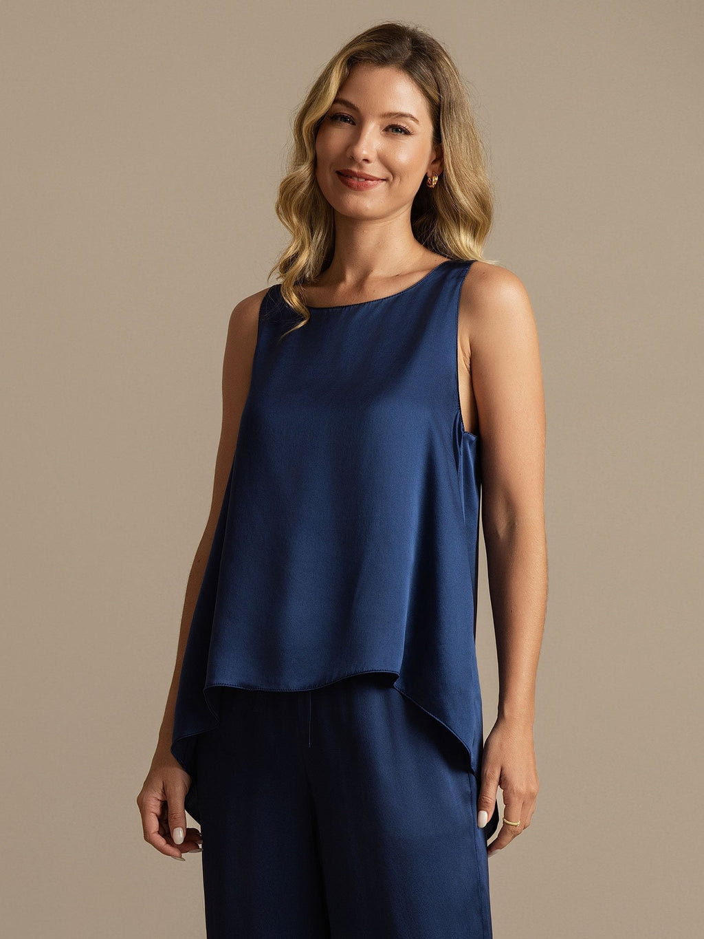 Reine Seide Ärmellos U-Ausschnitt Rückenlos High Low Tanktop Und Weite Bein Hose Set