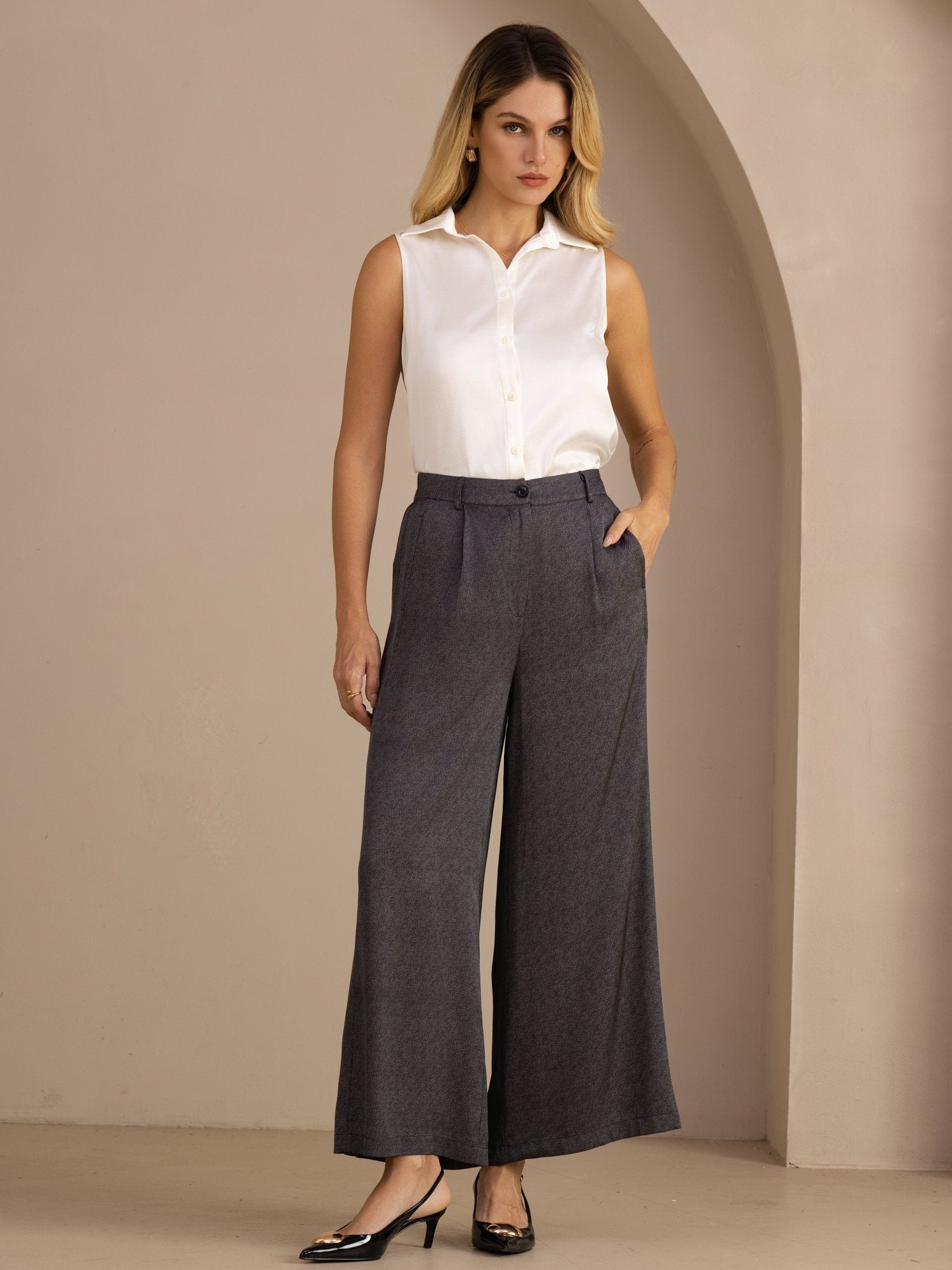 22Momme Seide Damen Hochtaillierte Weitbein Business Klassische Hose Mit Taschen