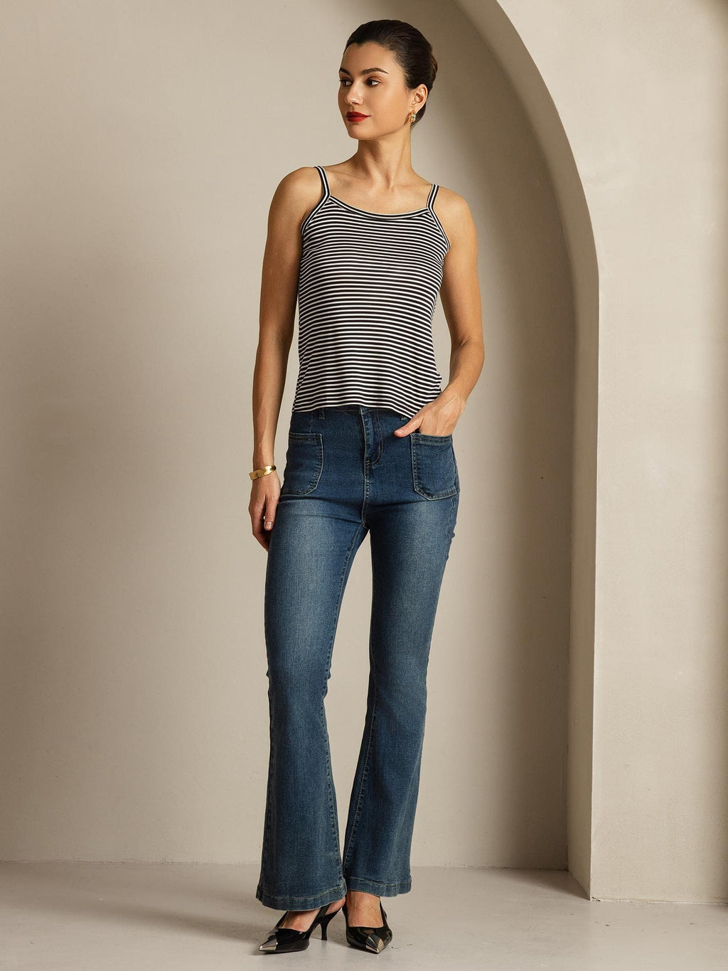 Reines Seiden Spaghettiträger Quadratischer Ausschnitt Gestreiftes Camisole Top