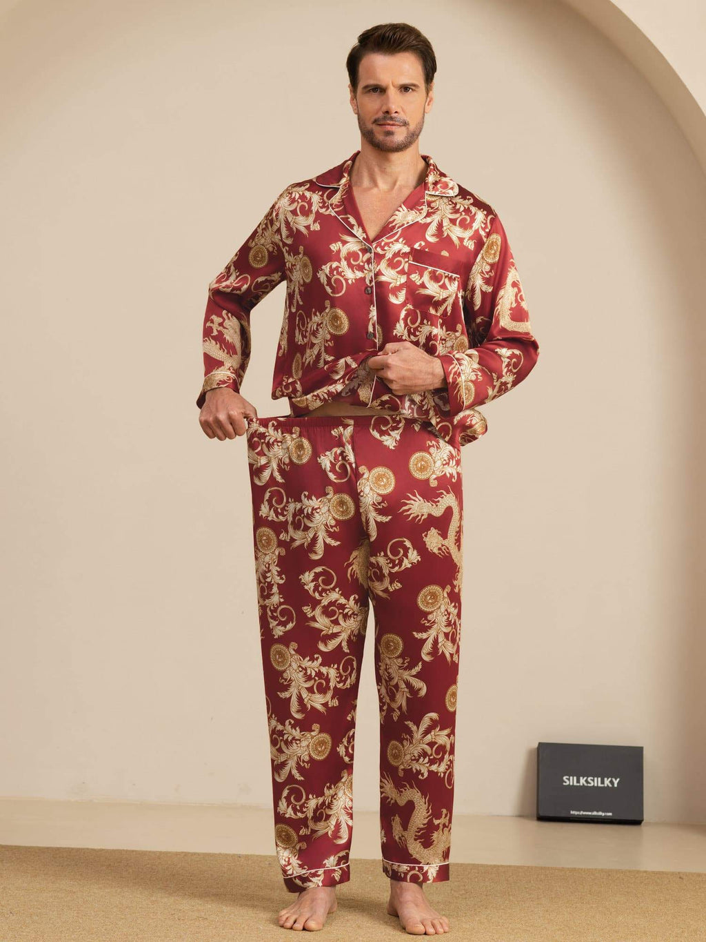 Pure Seide Herren Drachen Print Langarm Notch Kragen Pyjama Set