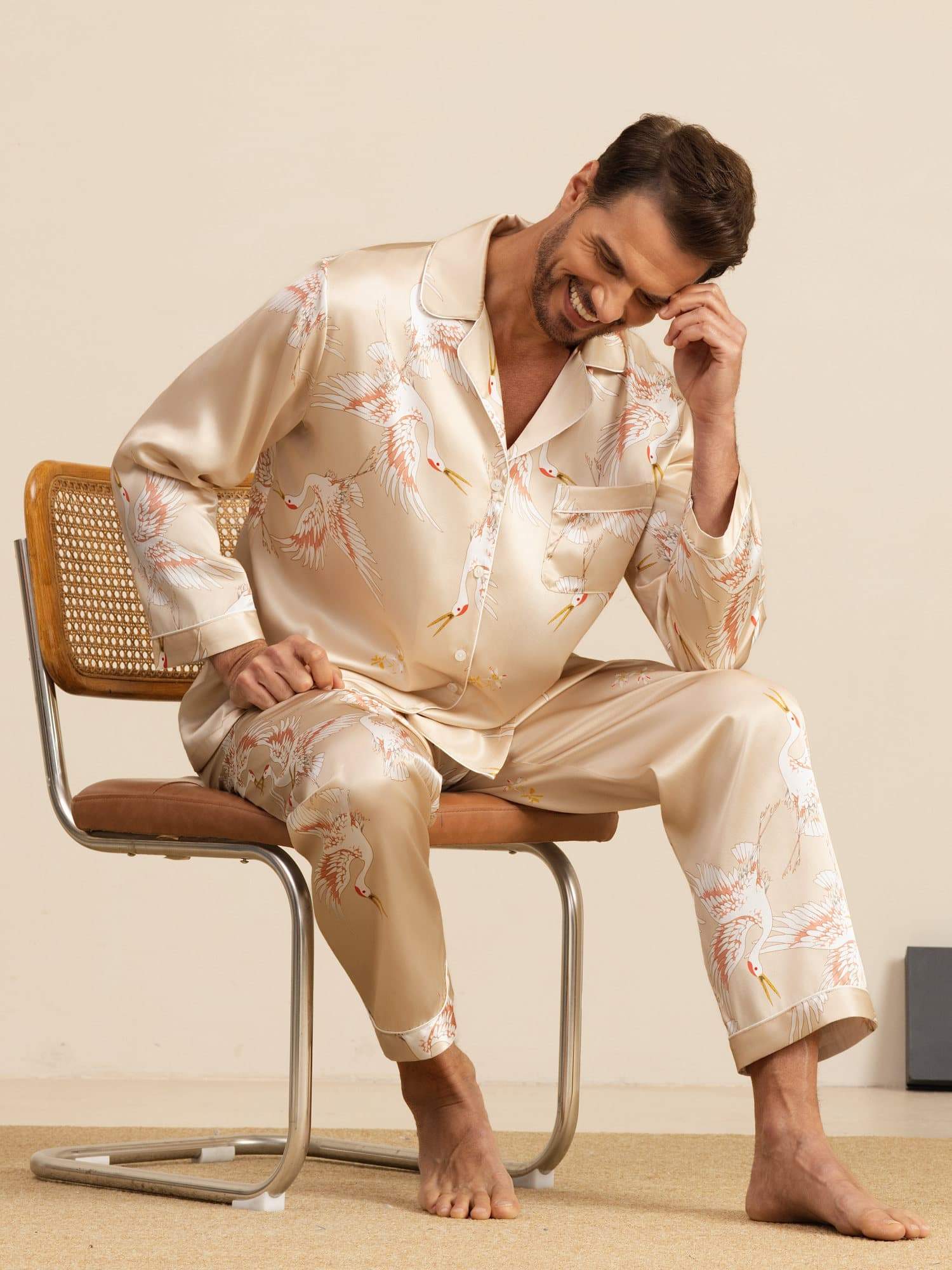 19Momme Reiner Seiden Herren Kranichdruck Langarm Notch Kragen Pyjama Set