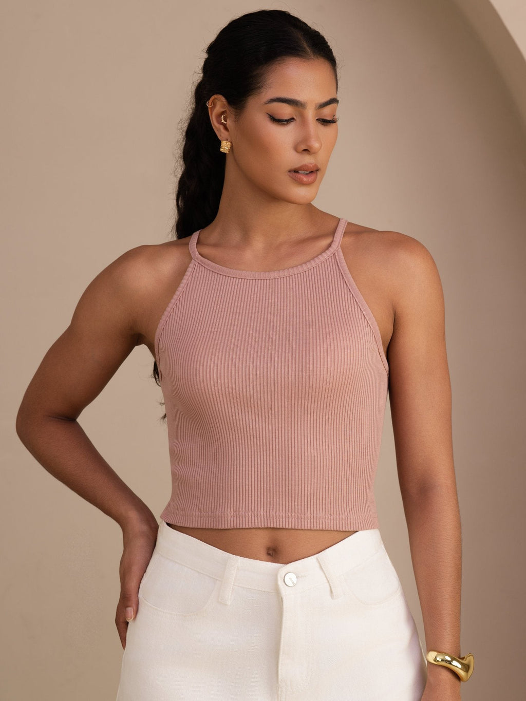 Damen Crop Tanktop Aus Seiden Baumwollmischung Mit Rundhalsausschnitt Und Ärmellosem Design