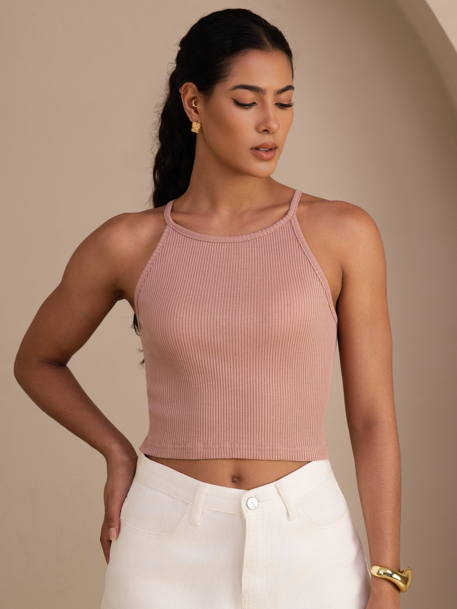 Damen Crop Tanktop Aus Seiden Baumwollmischung Mit Rundhalsausschnitt Und Ärmellosem Design
