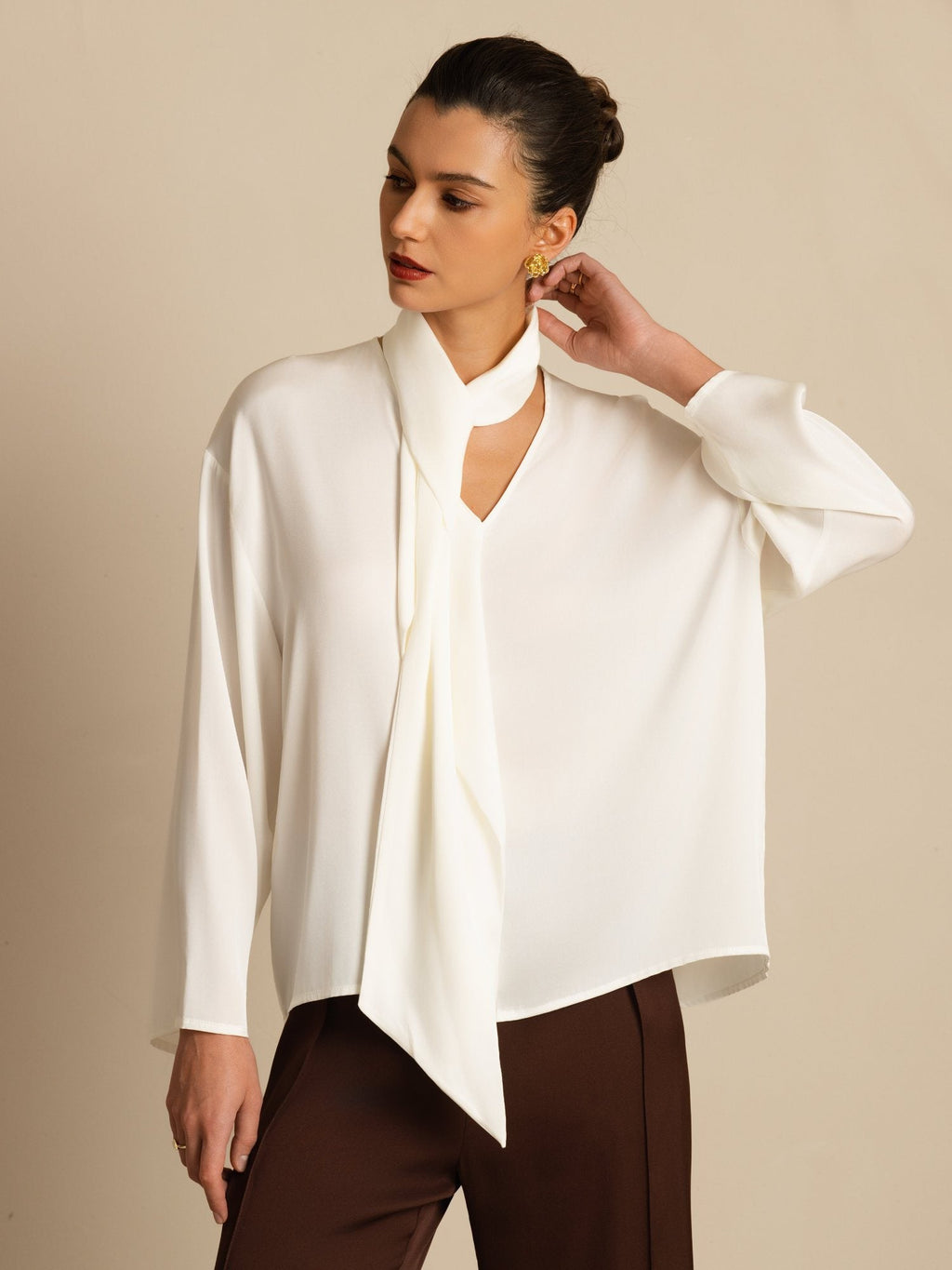 Clearance - 19Momme Seide Damen Asymmetrische Bindung V-Ausschnitt Bluse