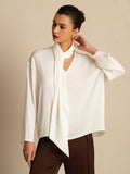 Clearance - 19Momme Seide Damen Asymmetrische Bindung V-Ausschnitt Bluse