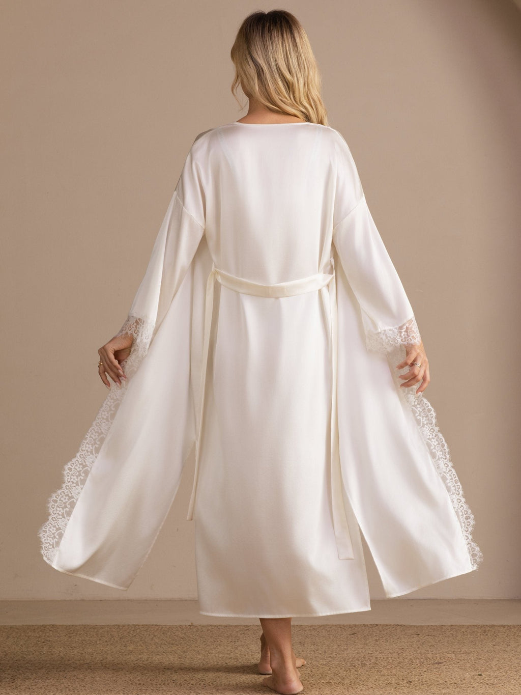 100 Percent Maulbeerseide Damen Kimono Ärmel Spitze Saum Midi Morgenmantel Für Braut