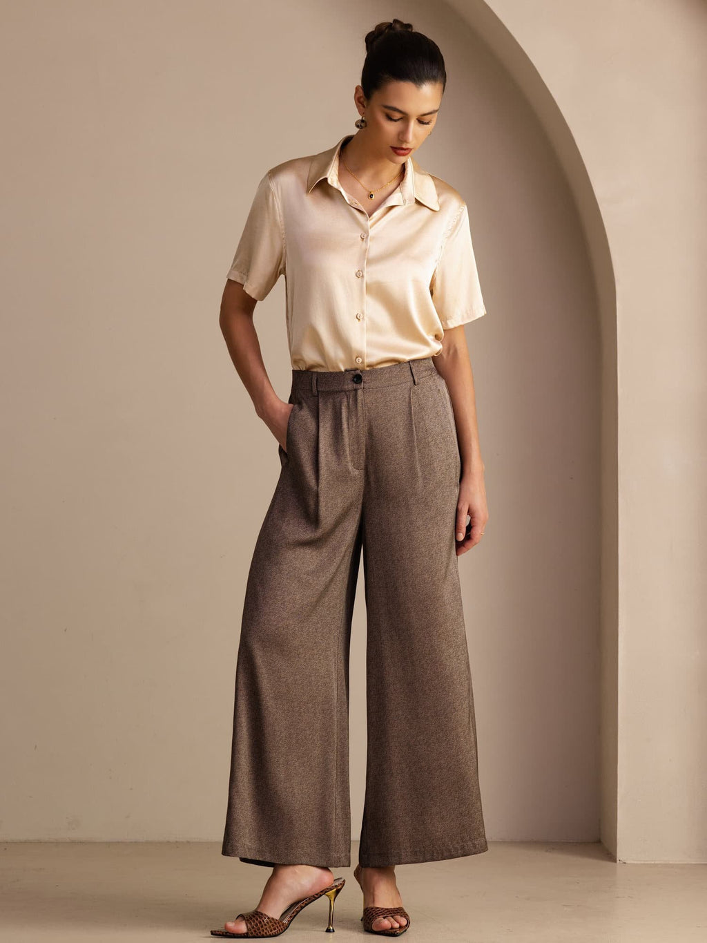 22Momme Seide Damen Hochtaillierte Weitbein Business Klassische Hose Mit Taschen